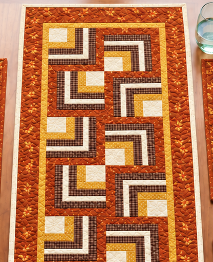 Close-up of the Harvest Hearth Log Cabin fall table runner showing Log Cabin strips, cream center squares and quilting