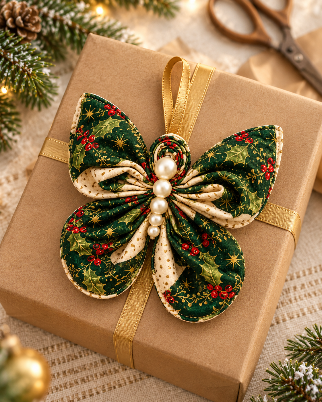 Holly print fabric butterfly ornament used as a Christmas gift topper on a kraft paper present