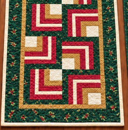 Lower end of the Evergreen Log Cabin Christmas table runner showing the outer border and cream binding