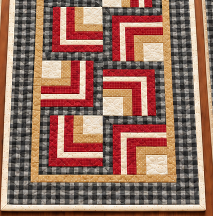 Lower end of the Buffalo Check Log Cabin farmhouse table runner showing the buffalo check border and cream binding
