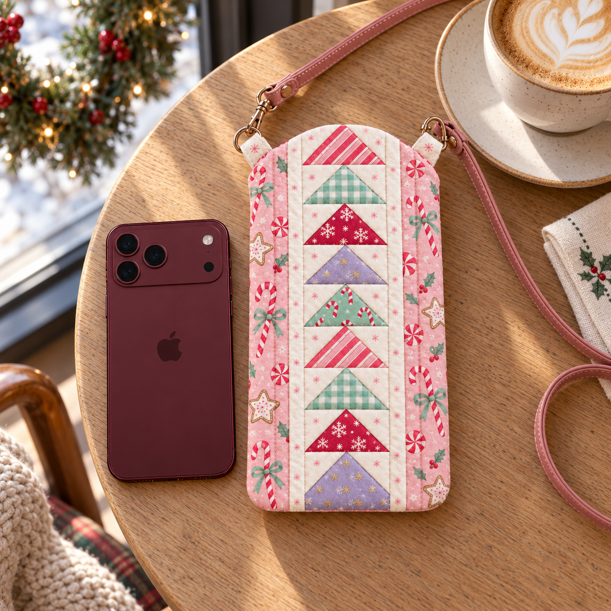 Sugarplum Stroll patchwork phone bag on a holiday cafe table with a latte