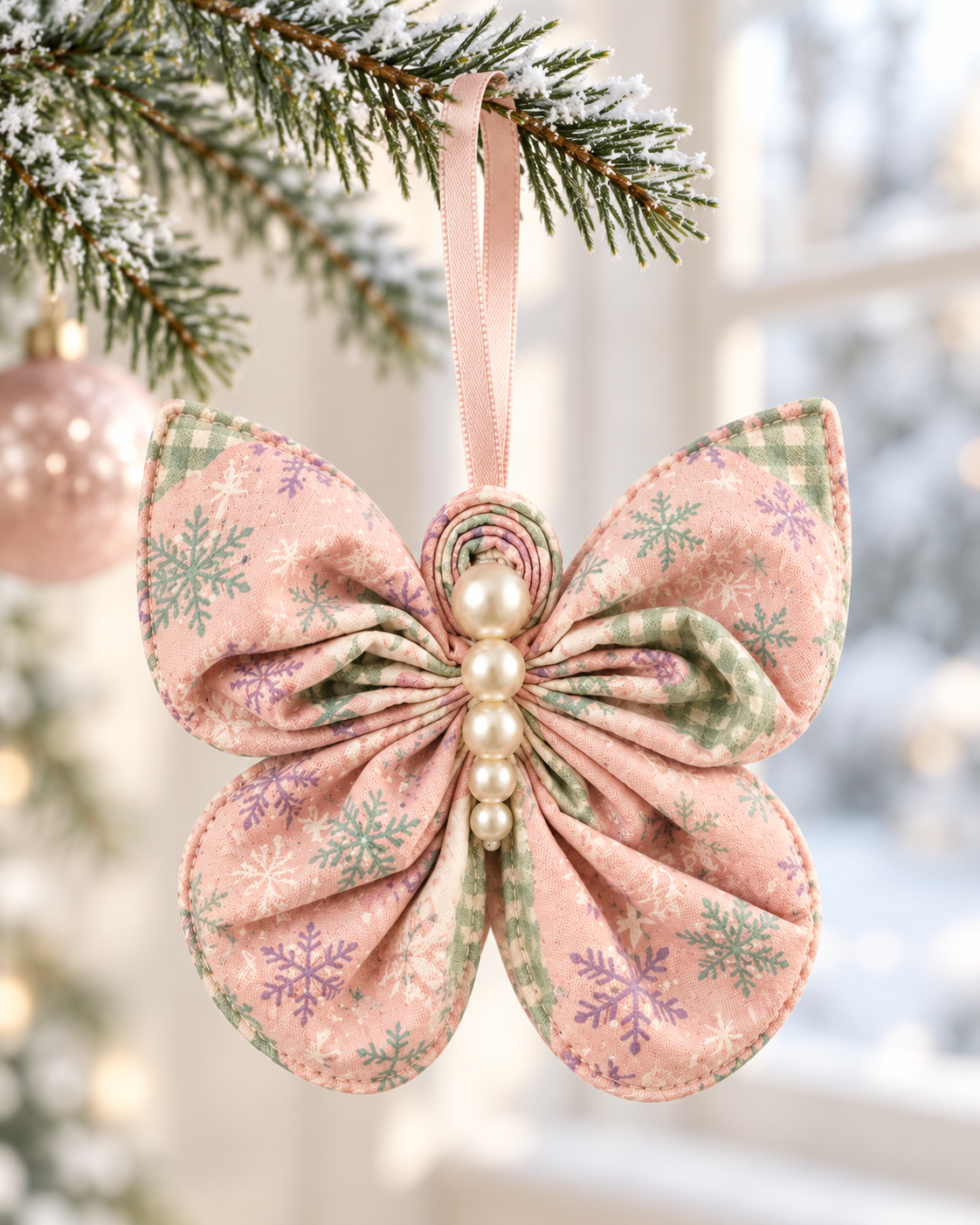 Blush pink snowflake fabric butterfly ornament with sage gingham lining hanging from a frosted pine branch