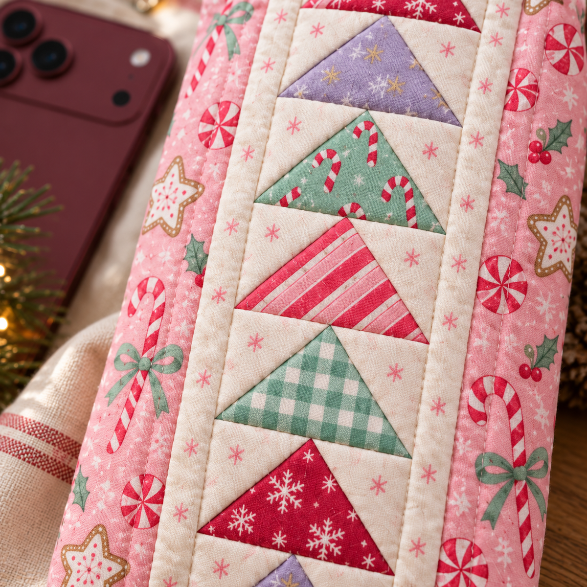 Close-up of Sugarplum Stroll Flying Geese piecing in mint gingham, pink stripes, raspberry and lavender