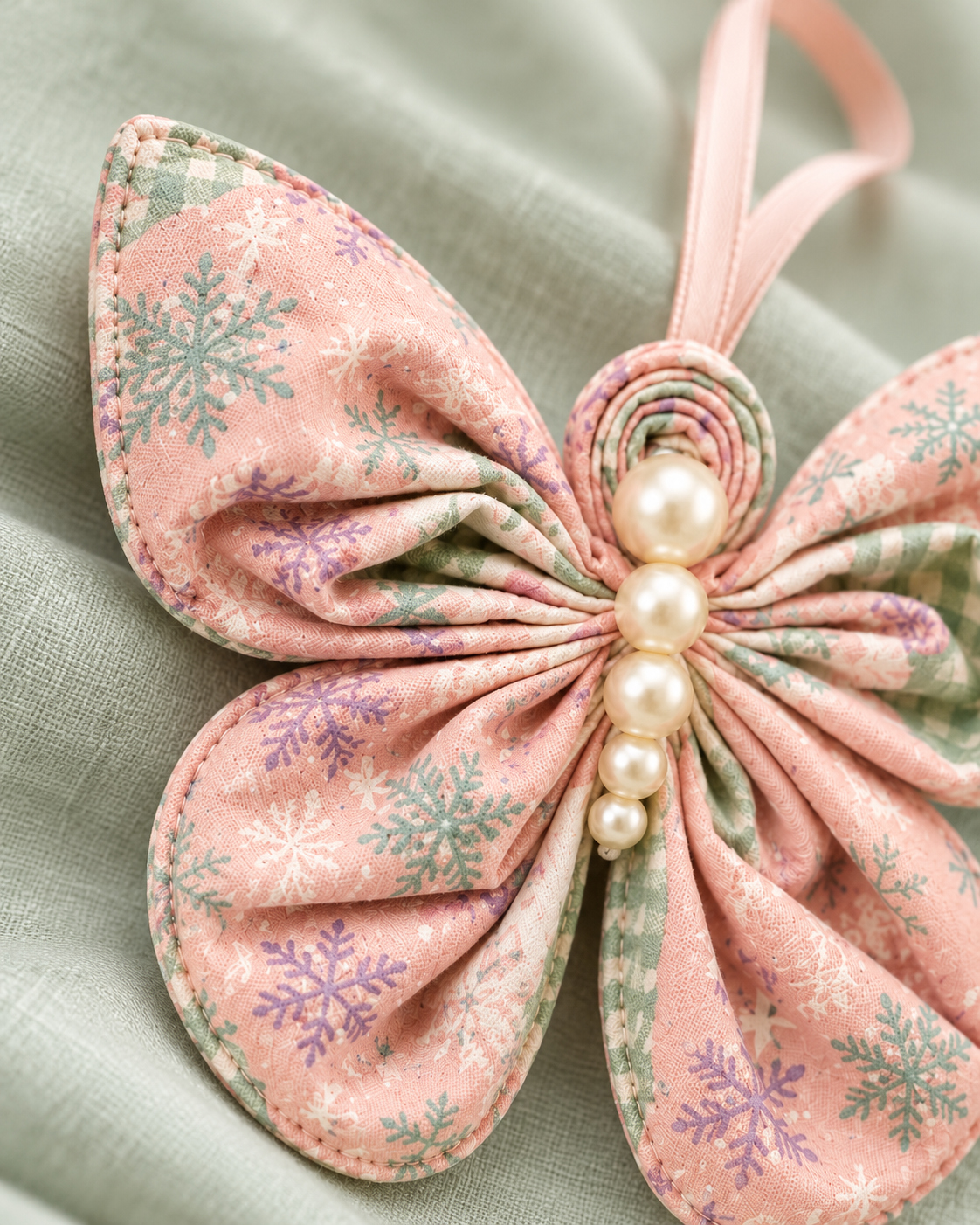 Macro view of pink fabric butterfly ornament pleats with sage gingham lining and graduated pearl body