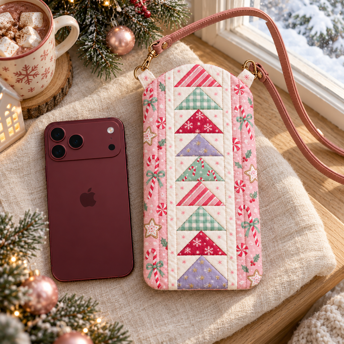Sugarplum Stroll phone crossbody bag beside a burgundy phone in soft winter window light