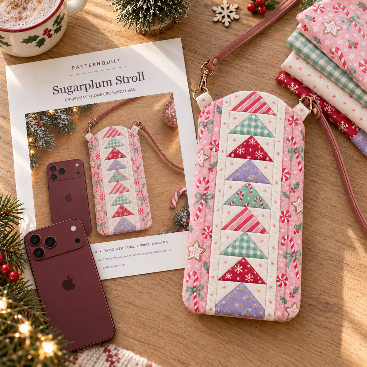 Sugarplum Stroll PDF guide cover beside the pink Christmas patchwork phone bag and coordinating fabrics