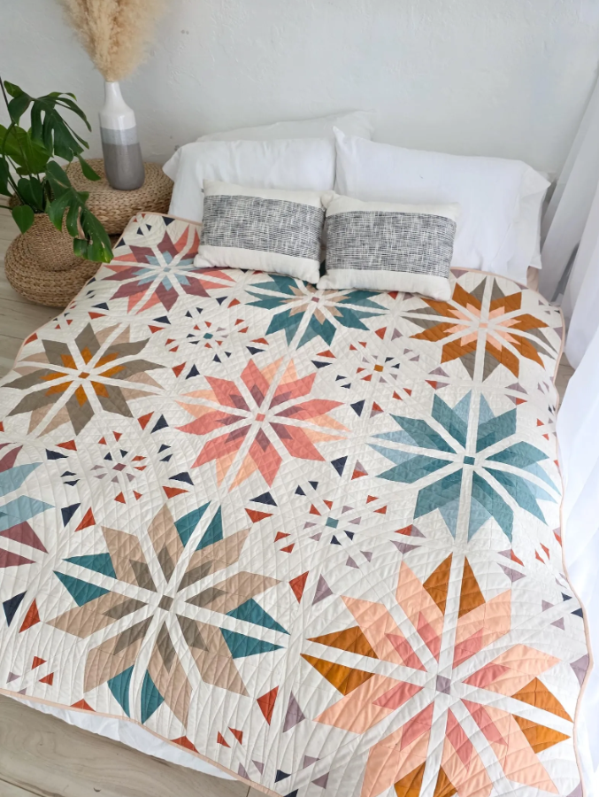 Sweet Creek Quilt Pattern PDF – star block handmade quilt on bed, modern farmhouse bedroom decor