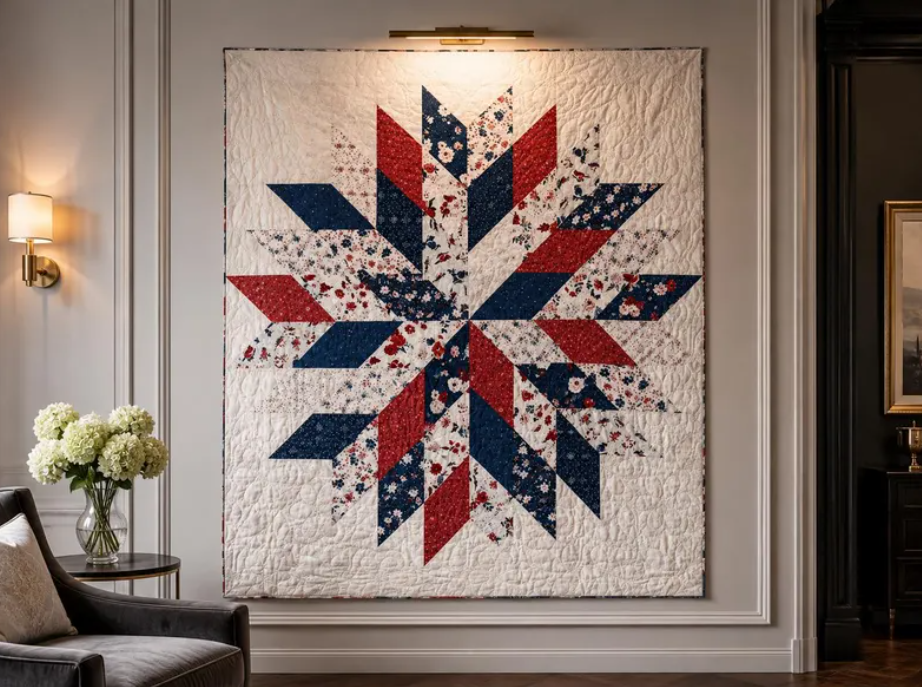 Liberty Star Quilt Pattern PDF - red white and blue patriotic star quilt displayed on a wall in an elegant room