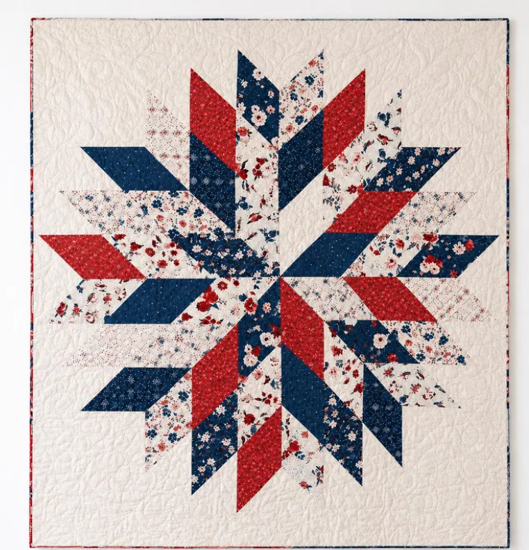 Liberty Star Quilt Pattern PDF - full front view of red white and navy star quilt layout