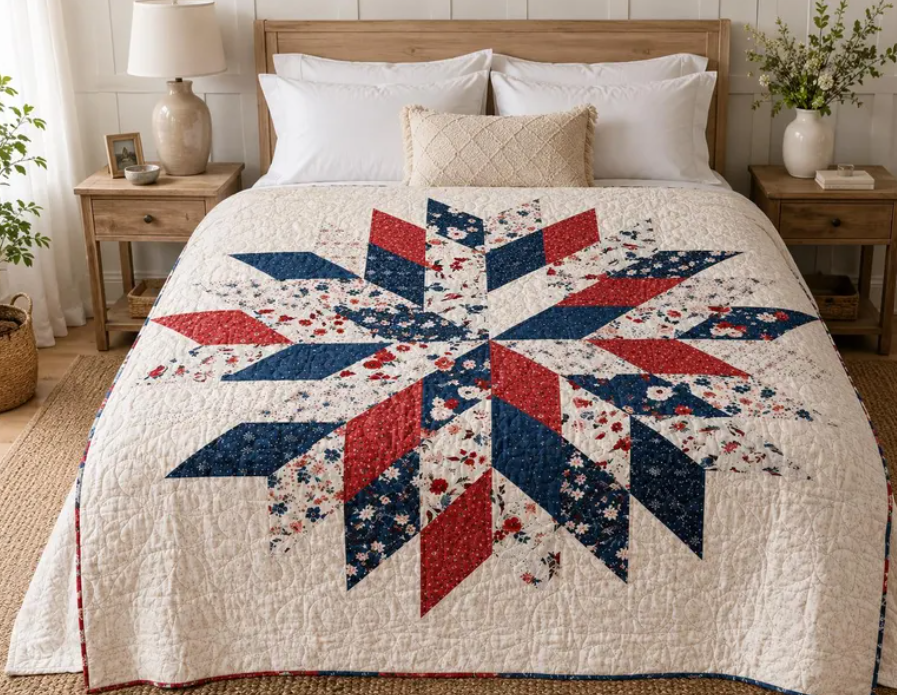 Liberty Star Quilt Pattern PDF - patriotic star quilt spread across a bed in farmhouse bedroom decor