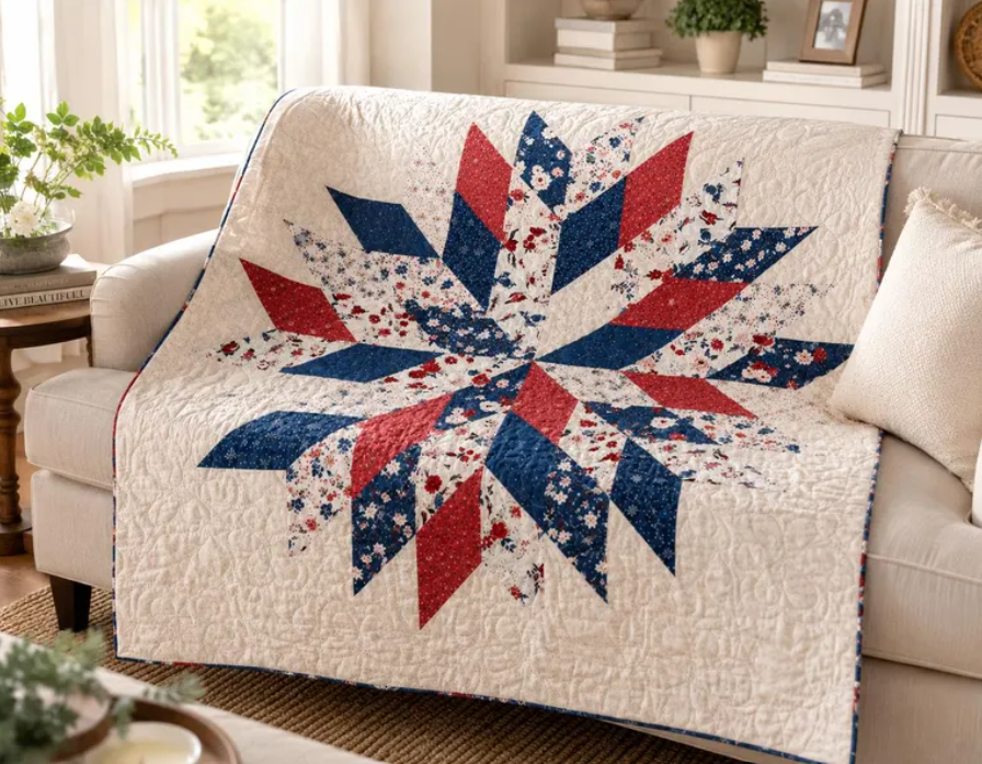 Liberty Star Quilt Pattern PDF - red white and blue star quilt draped over a sofa in a bright living room