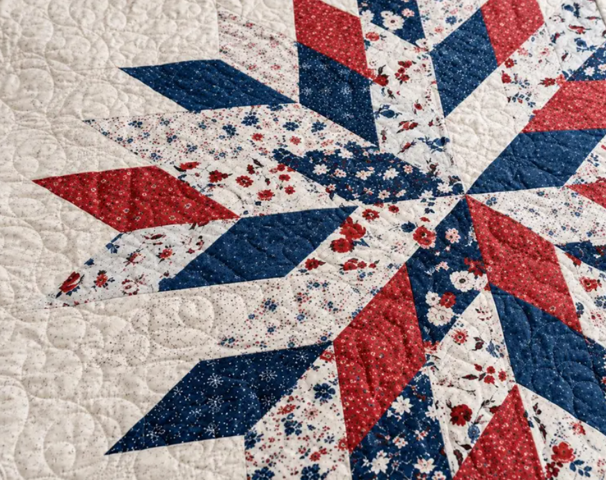 Liberty Star Quilt Pattern PDF - close-up detail of red white and navy patchwork star quilt fabric