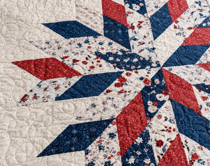 Liberty Star Quilt Pattern PDF - close-up detail of red white and navy patchwork star quilt fabric