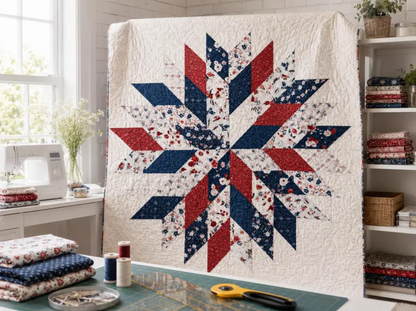 Liberty Star Quilt Pattern PDF - patriotic star quilt displayed in a sewing room with quilting tools