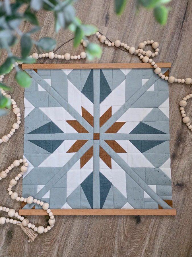 Sweet Creek Quilt Pattern PDF – mini wall quilt with star block in navy and rust, handmade farmhouse wall hanging