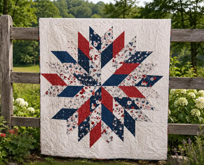 Liberty Star Quilt Pattern PDF - finished red white and blue star quilt displayed outdoors on a wooden fence