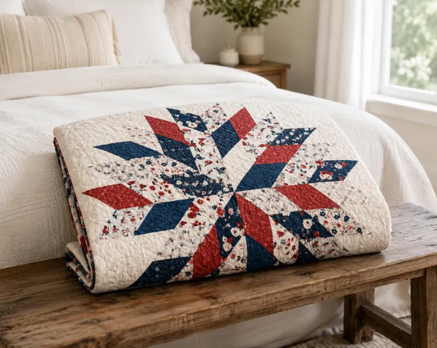 Liberty Star Quilt Pattern PDF - folded red white and blue patriotic quilt styled on a wooden bench