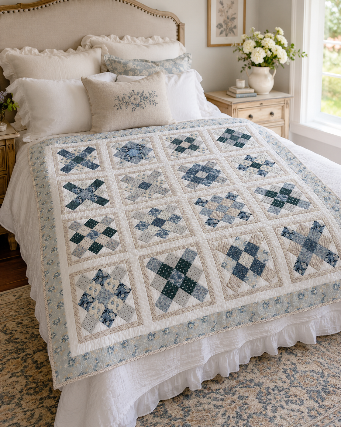 Sweet Serenity quilt pattern displayed on a bed in an elegant white cottage bedroom
