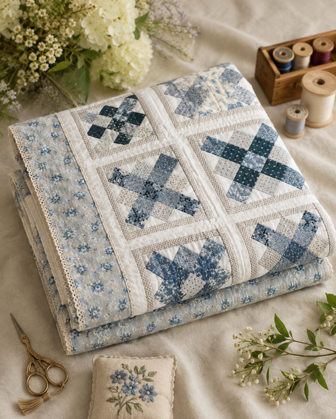 Sweet Serenity quilt folded with blue floral patchwork blocks and sewing accessories