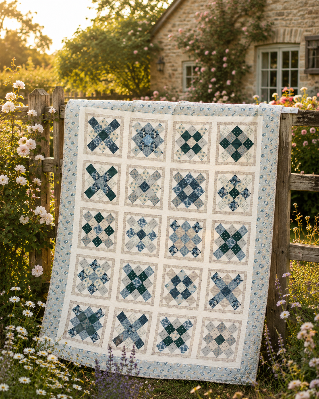 Sweet Serenity quilt pattern displayed outdoors in a cottage garden setting