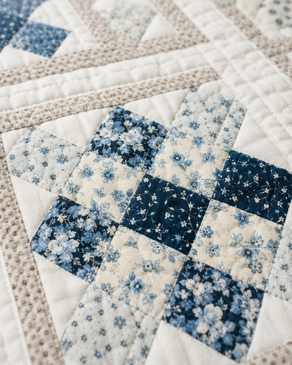 Close-up of Sweet Serenity quilt block showing blue floral patchwork fabric detail