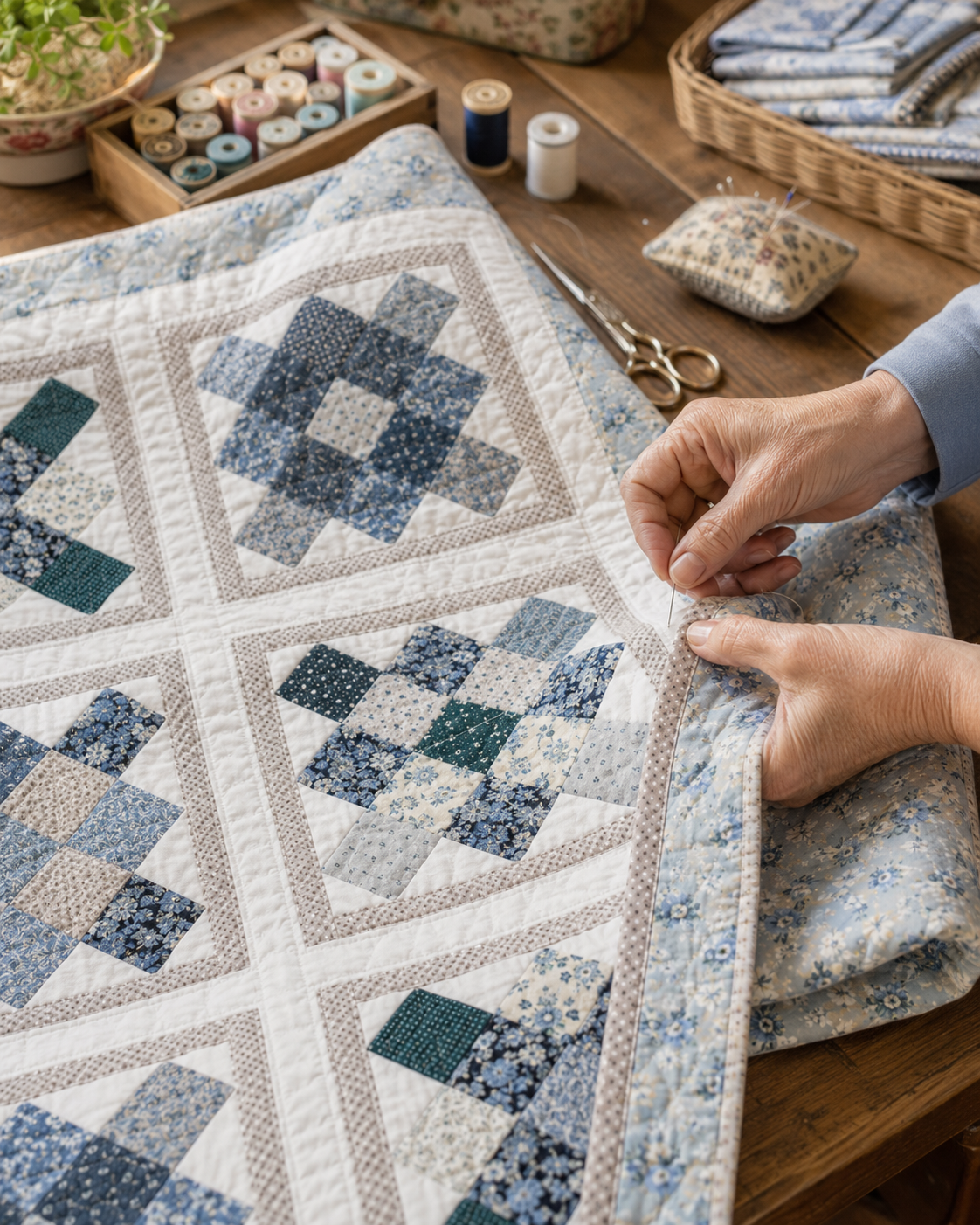 Hands sewing Sweet Serenity quilt pattern with blue and white patchwork fabrics
