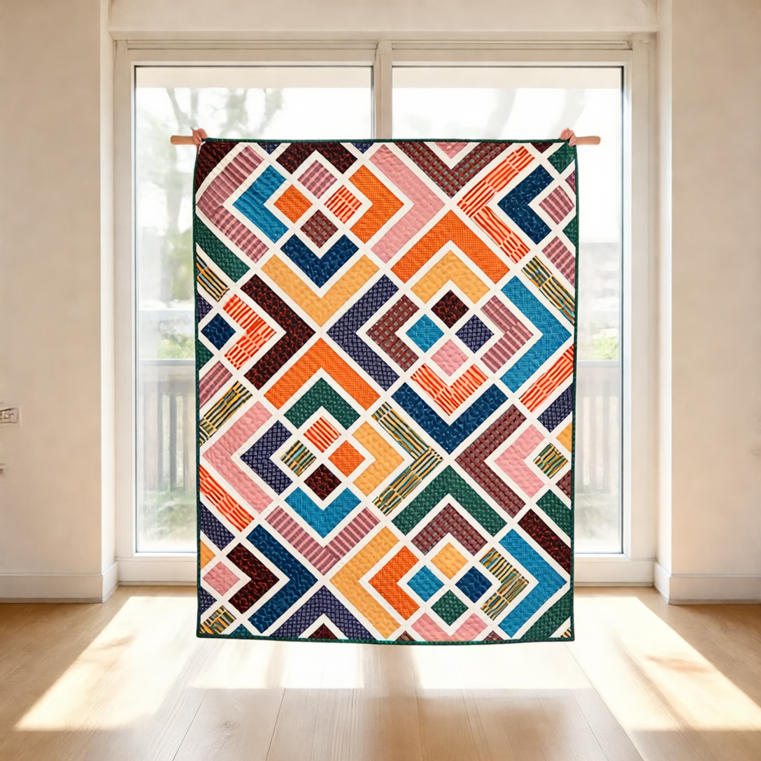 Diagonal Log Cabin Quilt Pattern PDF – Colorful Geometric Patchwork | Instant Download
