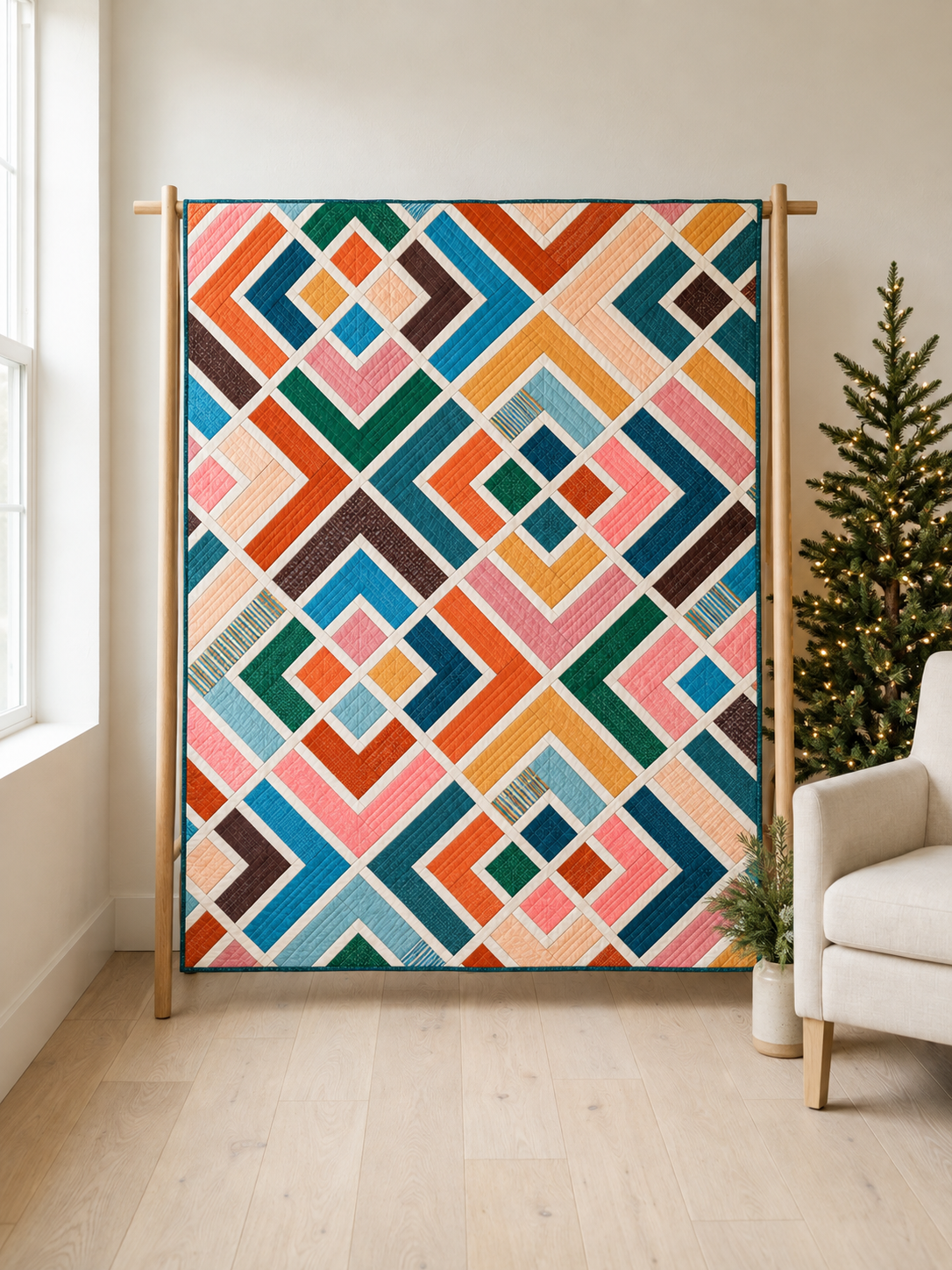 Diagonal Log Cabin Quilt Pattern – colorful diagonal log cabin patchwork quilt – photo 1