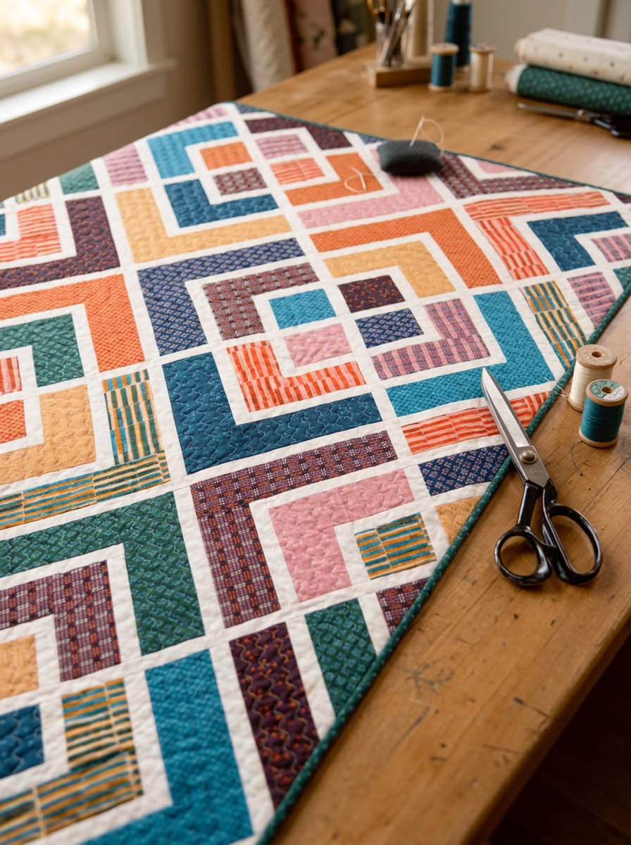 Diagonal Log Cabin Quilt Pattern PDF – Colorful Geometric Patchwork | Instant Download