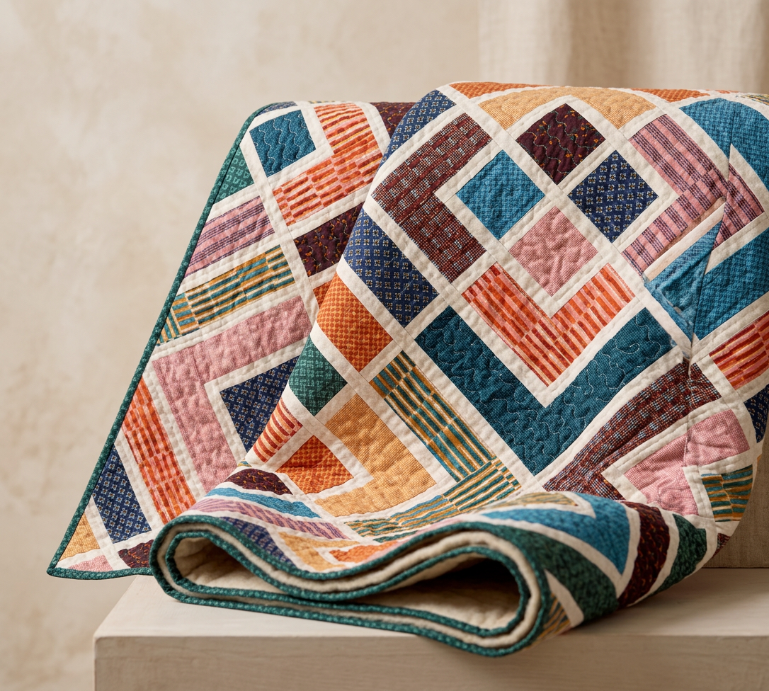 Diagonal Log Cabin Quilt Pattern PDF – Colorful Geometric Patchwork | Instant Download