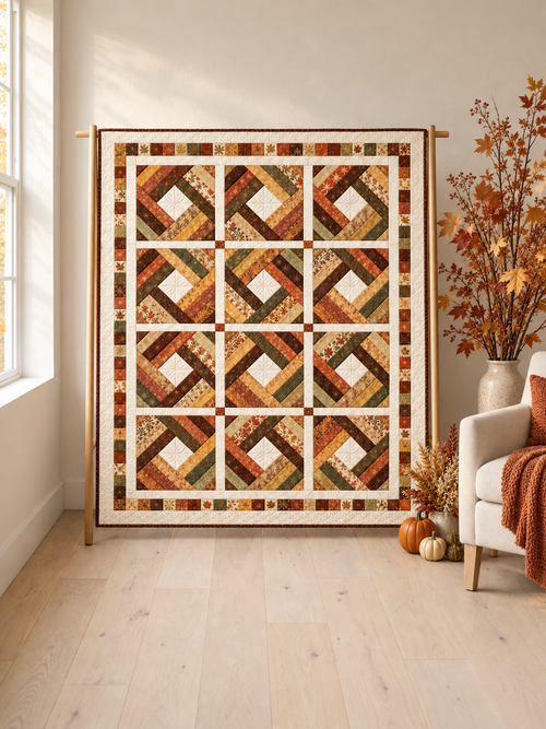 Amber Harvest Diamond autumn quilt on an oak stand with pumpkins and golden branches