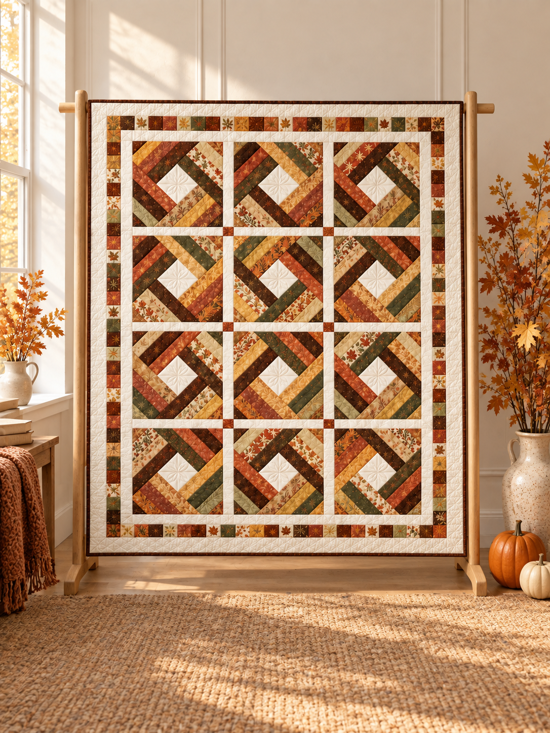 Autumn diamond log cabin quilt displayed beside a sunlit window