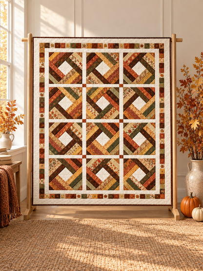 Autumn diamond log cabin quilt displayed beside a sunlit window