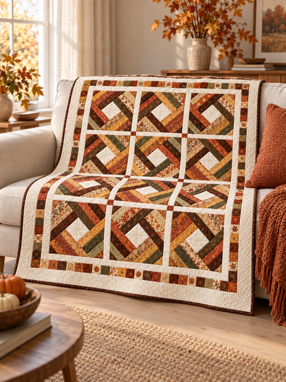Rust, gold and olive diamond quilt draped over a cream sofa