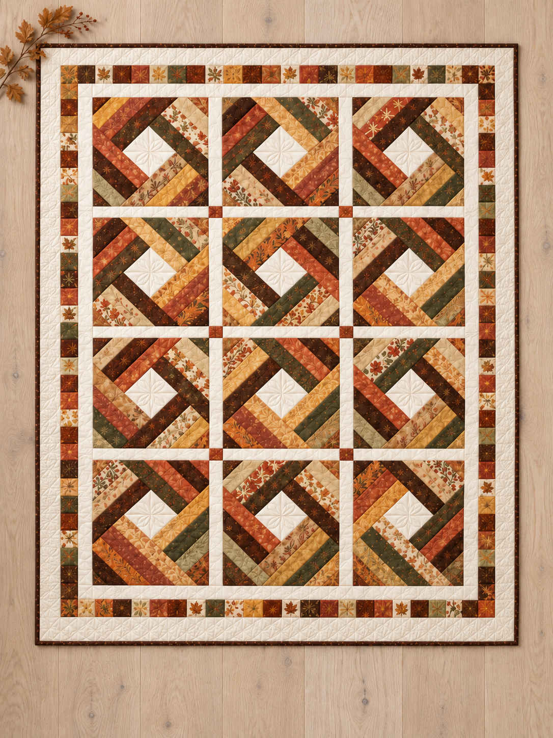 Overhead view of twelve diamond log cabin blocks and a pieced autumn border