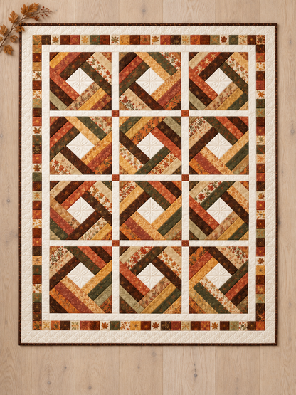 Overhead view of twelve diamond log cabin blocks and a pieced autumn border