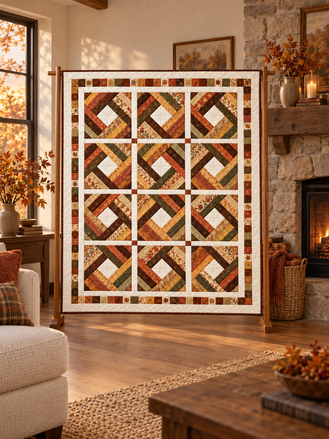 Autumn diamond quilt displayed beside a stone fireplace