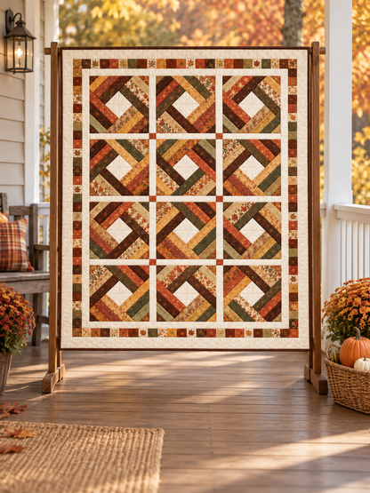Amber Harvest Diamond quilt on a covered porch with golden fall trees