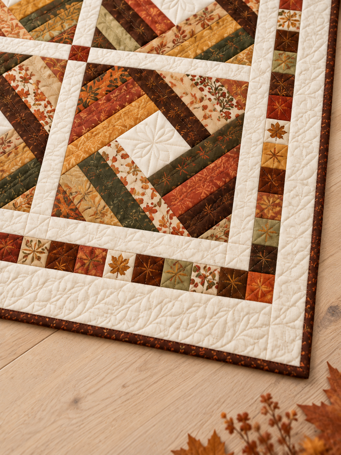 Detail illustration of the patchwork border, ivory fabric and brown binding