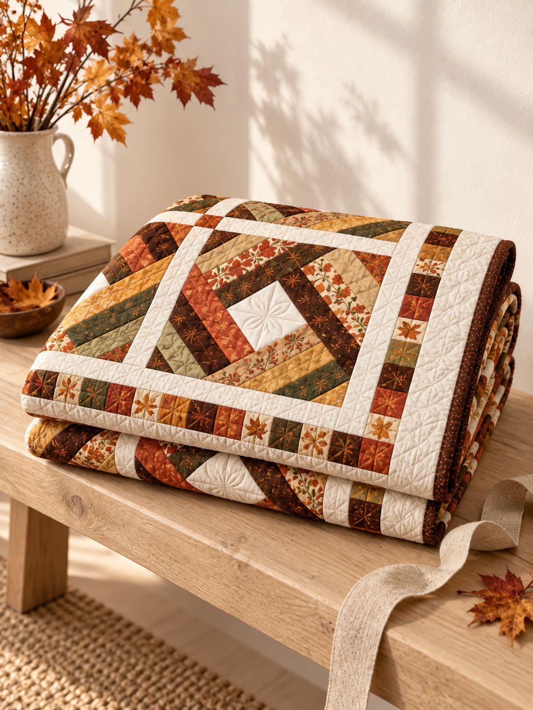 Folded Amber Harvest Diamond quilt styled as a handmade autumn gift
