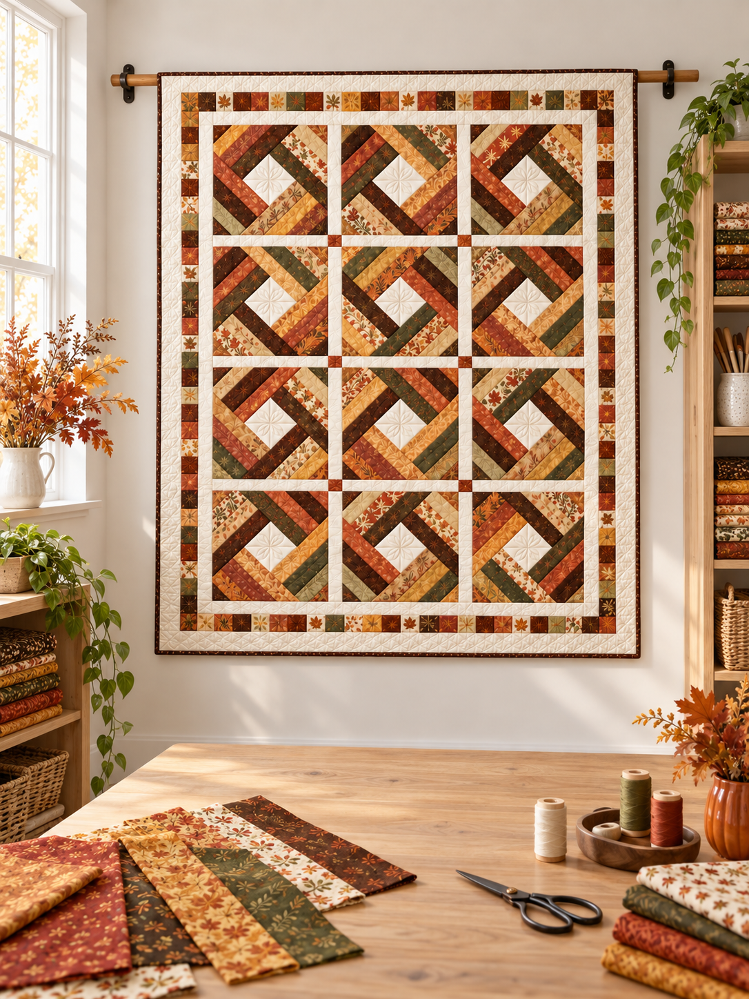 Autumn diamond log cabin quilt in a sewing studio with coordinating fabrics
