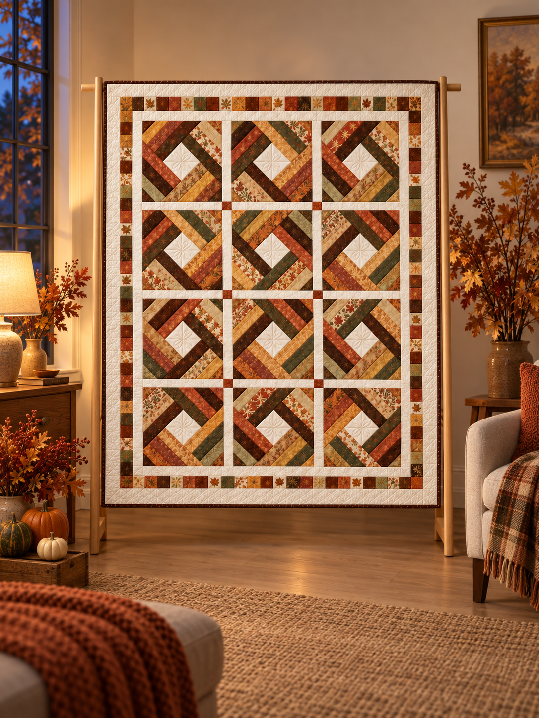 Amber Harvest Diamond quilt in a warmly lit autumn evening interior