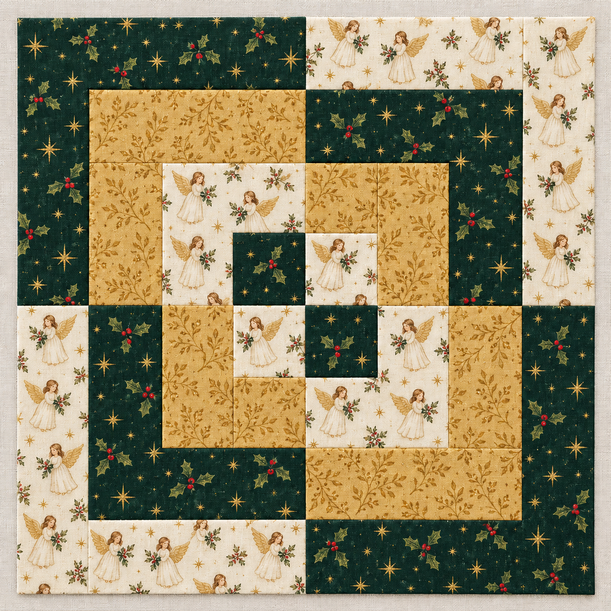Angel & Gold Christmas quilt block in evergreen holly, gold botanical and ivory angel fabrics, shown flat on linen. AI-generated fabric-styling illustration.