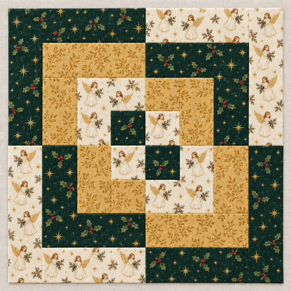 Angel & Gold Christmas quilt block in evergreen holly, gold botanical and ivory angel fabrics, shown flat on linen. AI-generated fabric-styling illustration.
