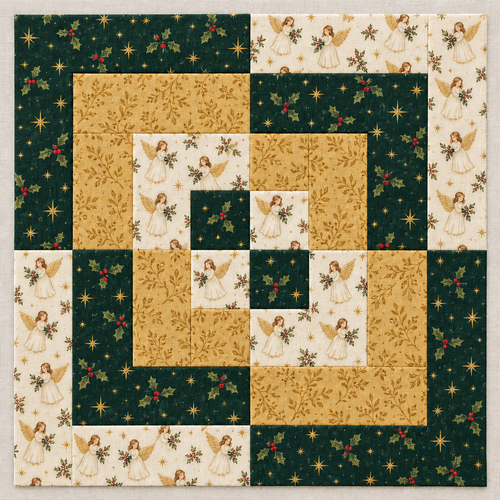 Angel & Gold Christmas quilt block in evergreen holly, gold botanical and ivory angel fabrics, shown flat on linen. AI-generated fabric-styling illustration.