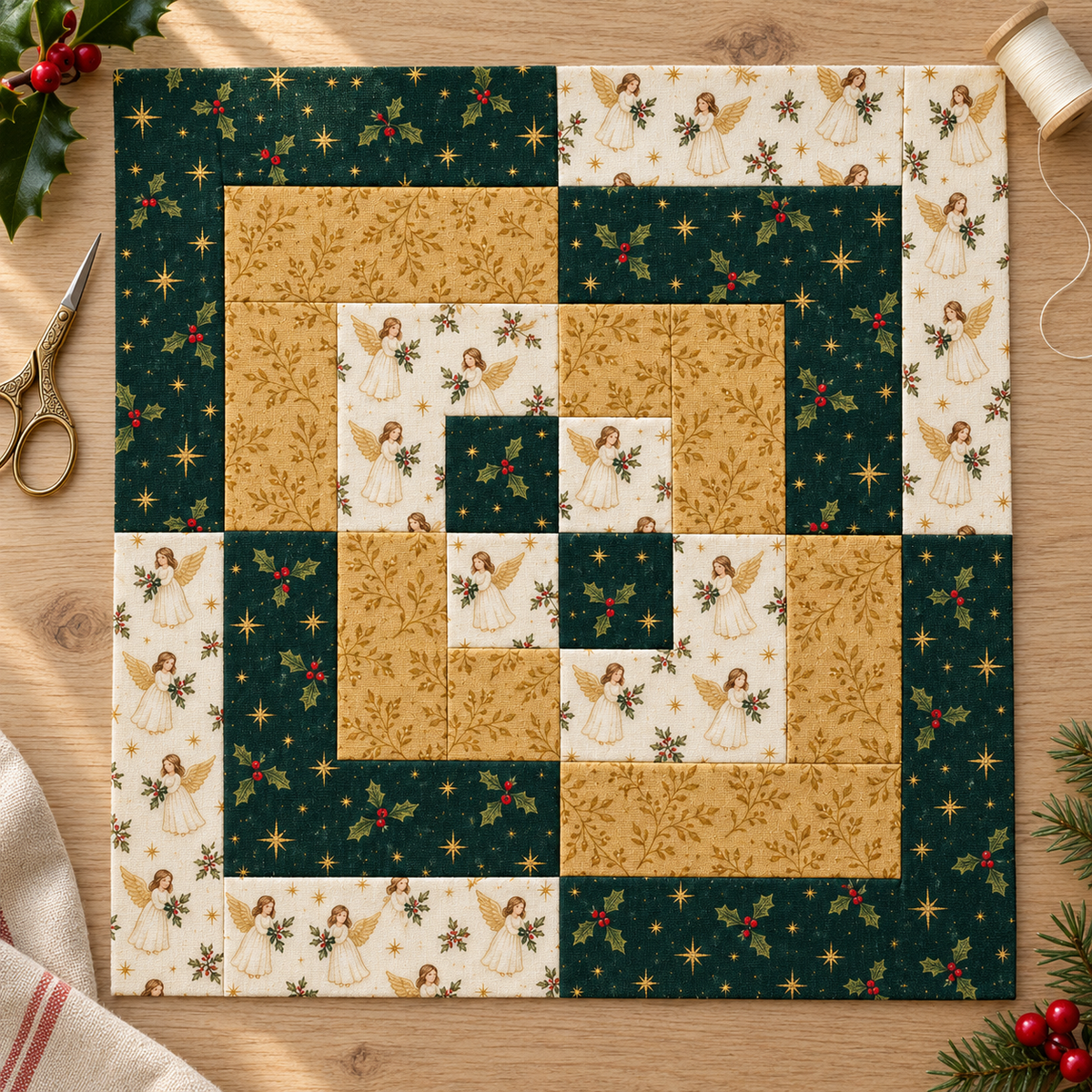 Angel & Gold Christmas quilt block on a wooden sewing table with gold scissors, thread and festive greenery. AI-generated fabric-styling illustration.
