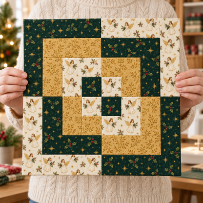 Hands holding the Angel & Gold Christmas quilt block in front of a cream sweater and softly lit sewing room. AI-generated fabric-styling illustration.
