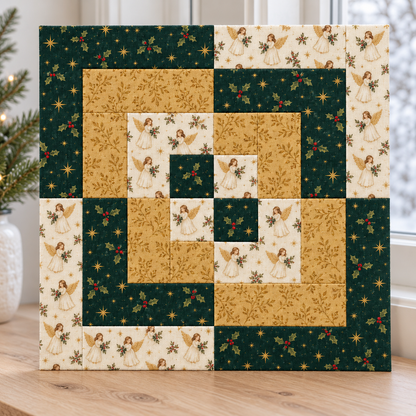 Angel & Gold Christmas quilt block displayed upright on a wooden sill beside a winter window and evergreen branches. AI-generated fabric-styling illustration.