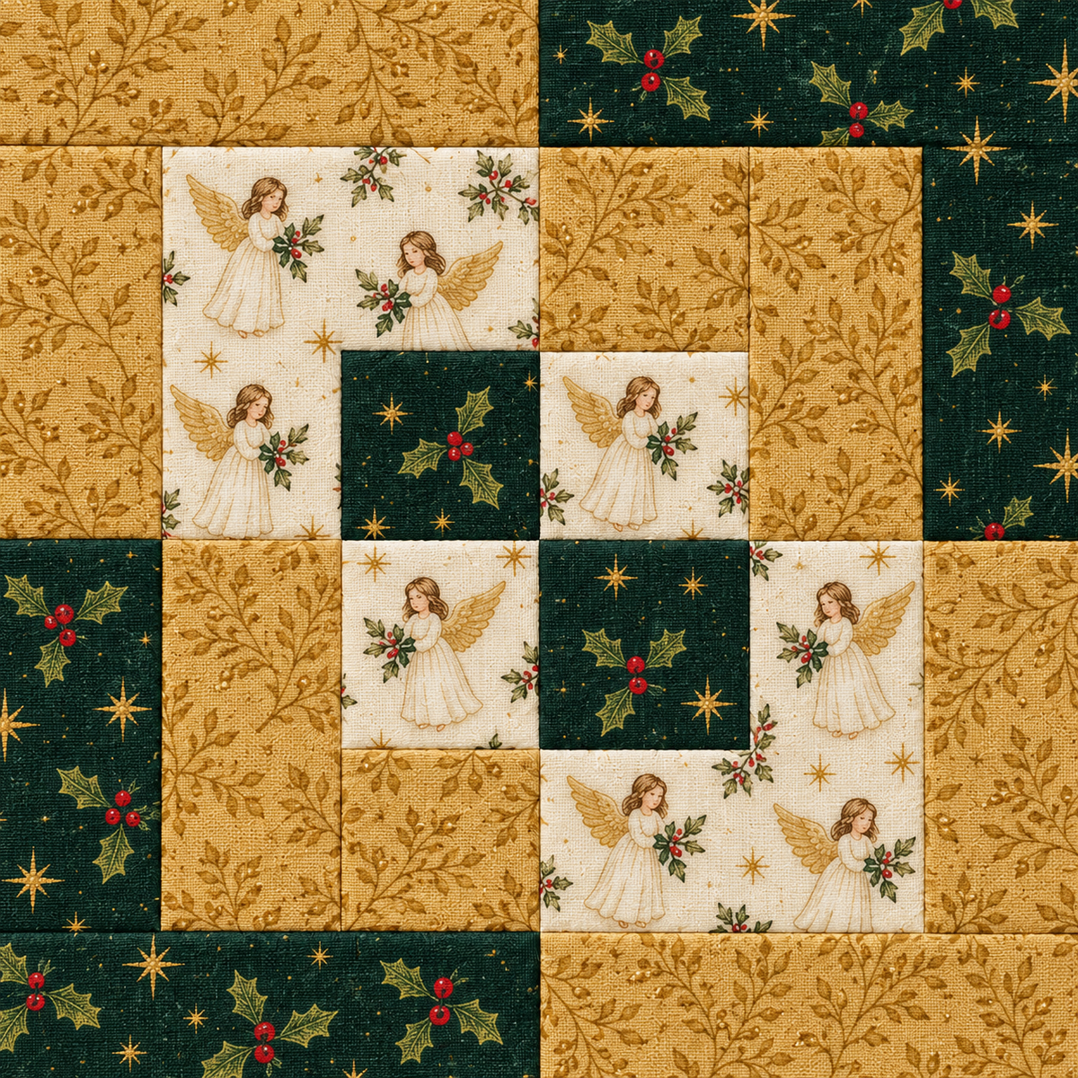 Close view of the Angel & Gold quilt block centre, showing ivory angels, evergreen holly and gold botanical patchwork. AI-generated fabric-styling illustration.