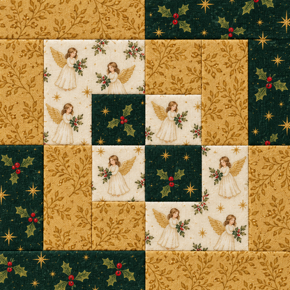 Close view of the Angel & Gold quilt block centre, showing ivory angels, evergreen holly and gold botanical patchwork. AI-generated fabric-styling illustration.